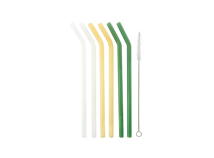 Point-Virgule-set-van-6-gebogen-glazen-215cm-rietjes-geel-wit-groen-met-borstel-en-zakje