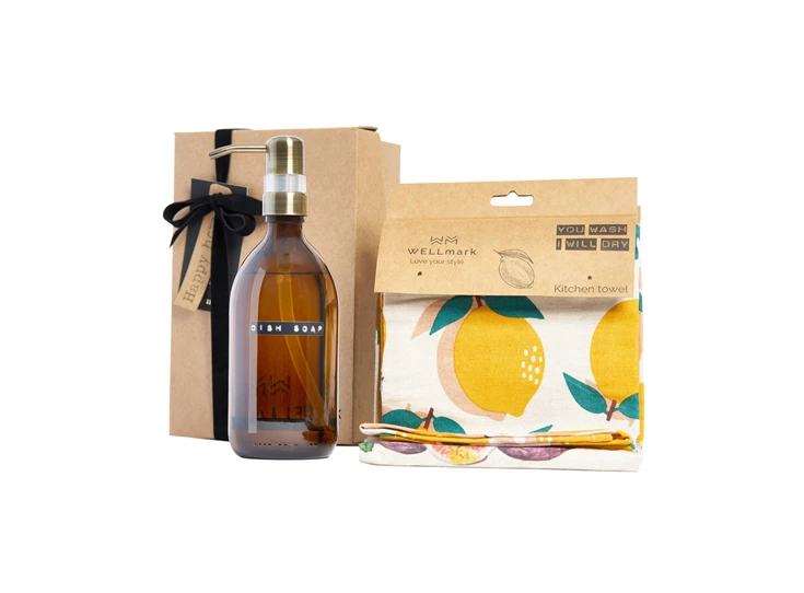 Wellmark-giftbox-Happy-Home-amber-glas-brass-afwasmiddel-dish-soap-handdoek